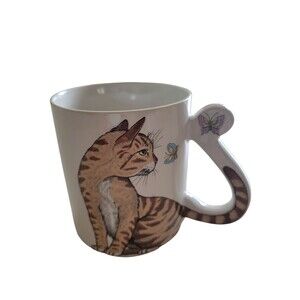 Vintage Ceramic Brown Tan Kitty Cat 3.5" Cup Mug Tail is the Handle JAPAN READ